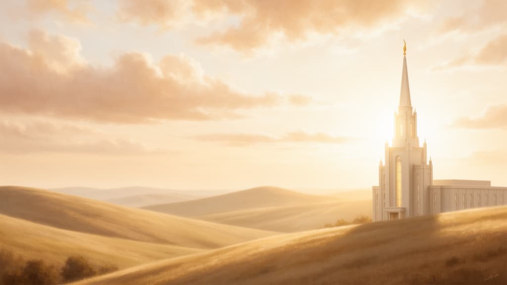 Serene Latter-day Saint temple silhouette at golden hour with warm earthy tones